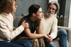 Distressed woman receiving support, representing a BPD favorite person relationship.